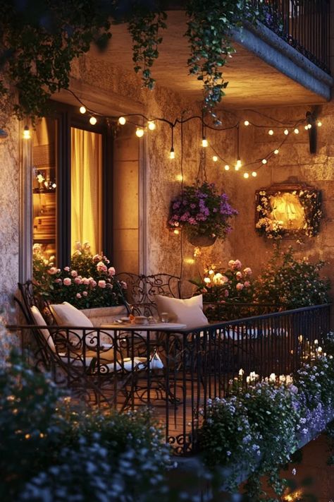 Transform your outdoor space with these charming French-inspired balcony decor ideas. From cozy seating areas decorated with textured cushions to lush plants adding a dash of nature, these tips will enhance your balcony's French style. Discover creative ways to include dreamy fairy lights, rustic décor elements, and inviting outdoor table setups that echo the enchantment of Parisian balconies. Embrace comfort and beauty to craft a perfect spot for relaxing with a book or enjoying a cup of coffee outdoors. Princess Balcony Aesthetic, French Bistro Patio, Victorian Balcony, Cottage Balcony, French Parisian Decor, Balcony French, Romantic Balcony, Spanish Cottage, Balcony Interior