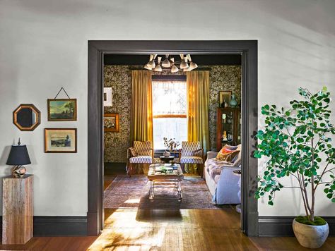 See How A Young Couple Turned This Century-Old House Into A Family Home 1910 Home Interior, Contrast Trim Living Room, Old Home Renovation, White Oak Table, Trim Paint Color, Trim Paint, Lexington Home, Wooden Room, Plank Walls