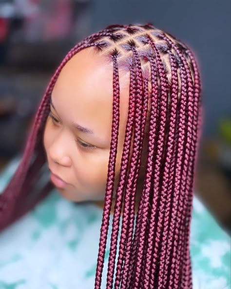 Hairstyles For December Braids, Knotless Box Braids Maroon, Wine Red Braids For Black Women, Wine Red Box Braids, Wine Braids For Black Women, Wine Knotless Braids, Wine Braids Hairstyles, Maroon Braids, Red Braids For Black Women