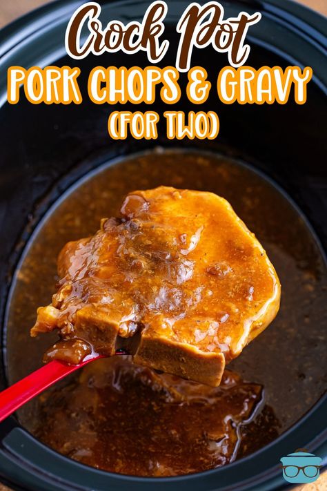 Crock Pot Pork Chops and Gravy For Two Tender Thick Pork Chop Recipes, Brown Gravy Pork Chops Crock Pots, Mississippi Pork Chops Crock Pot, Pork Chops Crock Pot Recipes, Pork Chops In Crock Pot Recipes, Lunch Crockpot Recipes Mini, Bone In Pork Chops In The Crock Pot, Crock Pot Pork Chops Easy, Small Crock Pot Recipes