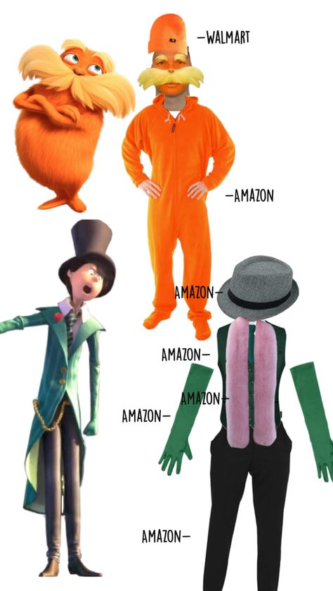 All Amazon basically except of optional Lorax hat Tim And Moby Costumes, The Lorax And The Onceler, Lorax And Onceler Costume, Onceler Costume, Dr. Seuss Costumes, Lorax Costume, Dr Seuss Costumes, Halloween Creative, Bear Costume