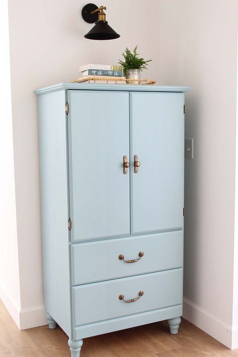 Vintage and antique armoires, while beautiful, can get spendy. Here are some tricks I used to make a vintage armoire out of a thrifted TV cabinet! #furnituremakeover #chalkpaintmakeover #bluefurniture #coastalfurniture #farmhousefurnituremakeover #farmhousefurniturehacks Small Armoire Makeover, Small Armoire, Thrifting Inspiration, Mom Room, Blair House, Thrift Store Diy Projects, Armoire Makeover, Vintage Armoire, Upcycle Furniture