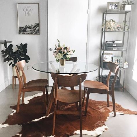 Glass Round Table, Circle Dining Room Table Glass, Circle Dining Table Glass, Apartment Kitchen Table, Round Glass Dining Room Table Rustic, Cowhide Rug Dining Room, Round Glass Dining Table, Glass Round Midcentury Dining Table, Dwell Glass Round Midcentury Table