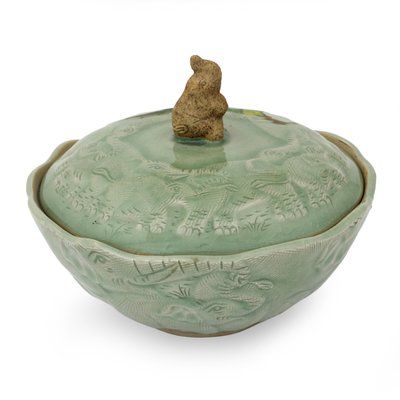 Add this Apopka Sawasdee Ceramic Lidded Rice Bowl to your kitchen while enhancing your overall look. | Bungalow Rose Apopka Sawasdee Ceramic Lidded Rice Bowl Ceramic/Earthenware/Stoneware in Green/Red, Size 4.9 H x 6.25 W x 6.25 D in | Wayfair Tableware Ceramic, Celadon Ceramics, Elephant Motif, Bowl Ceramic, Ceramic Techniques, Crackle Glaze, Ceramic Tableware, Rice Bowl, Small Dining