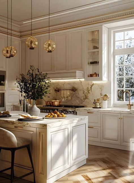 White cabinetry with gold accents creates a timeless look. Marble countertops and decorative molding add elegance. This setup feels fresh, clean, and perfect for kitchen remodel projects. Kitchen French Country Modern, All White Marble Kitchen, White And Gold Kitchen Countertops, Vintage White Kitchen Ideas, High End White Kitchens, Kitchens Of 2025, Kitchen Traditional Modern, Traditional Interior Design Kitchen, Traditional Kitchen Remodel Ideas