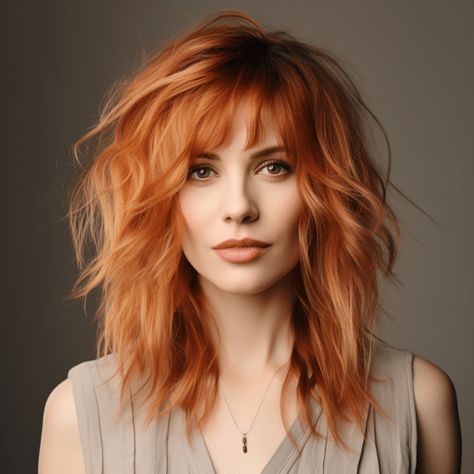 Shag Bangs For Fine Hair, Shag Hairstyles Red Hair, Medium Length Haircut Copper, Shaggy Rocker Haircut, Shag Haircuts For Medium Hair, Shaggy Hair Cuts For Women, Edgy Haircuts Medium Choppy Bangs, Haircut For Cowlick Woman, Medium Shaggy Haircuts Choppy Layers