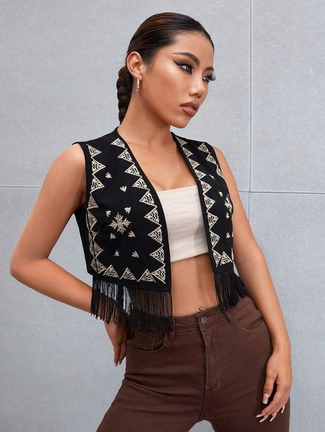 Fringed Vest Outfit, Geo Embroidery, Dungaree Pattern, Open Front Vest, Mode Abaya, Hippie Costume, Women Jackets, Open Front Jacket, Cropped Vest