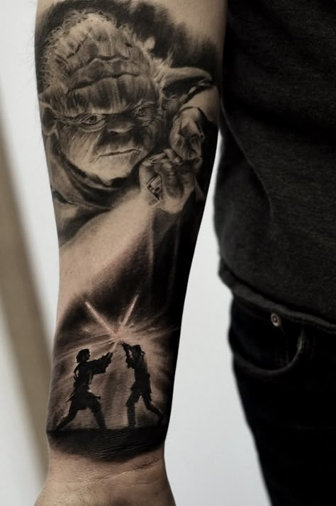 Star Wars Half Sleeve Tattoo, Yoda Tattoo Ideas, Star Wars Sleeve Tattoo, Star Wars Tattoo For Men, Star Wars Sleeve, Star Wars Tattoo Ideas, Yoda Tattoo, Star Wars Tattoo Sleeve, Alex Tattoo