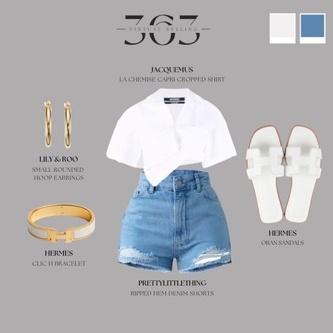 White Boujee Outfits, Baddie Sandals Outfit, Hermes White Sandals Outfit, Denim Shorts White Shirt Outfit, White Sandal Outfits, Outfits With Blue Shorts, White Crop Shirt Outfit, R And B Concert Outfit, Boujee Summer Outfits