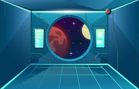 Porthole on hallway in spaceship. Moon and mars planet in viewport. Futuristic interior room. Background for games and mobile applications. Vector cartoon background Spaceship Design Interior, Social Media Icons Vector, Mars Planet, Interior Background, Spaceship Interior, Flat Background, Galaxy Background, Futuristic Interior, Interior Room