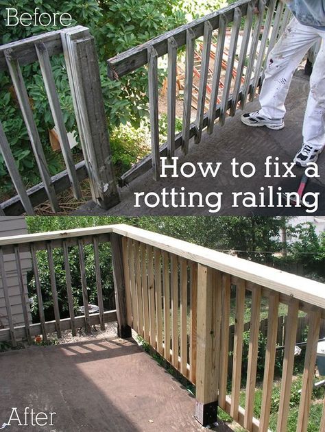 A rotting porch railing or fence can be hazardous and should be repaired ASAP.  You can DIY it yourself and save a lot of money! www.ehow.com/... Wood Porch Railings, Deck Railing Diy, Porch Repair, Deck Repair, Wood Porch, Building A Porch, Wood Railing, Wooden Porch, Diy Porch