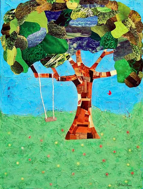 "A Summer's Day" collage on canvas Collage Trees Art, Summer Camp Collage, Tree Collage Art, Collage Trees, Collage Tree, Mixed Media Collage On Canvas, Montage Art, Tree Collage, Collage Landscape