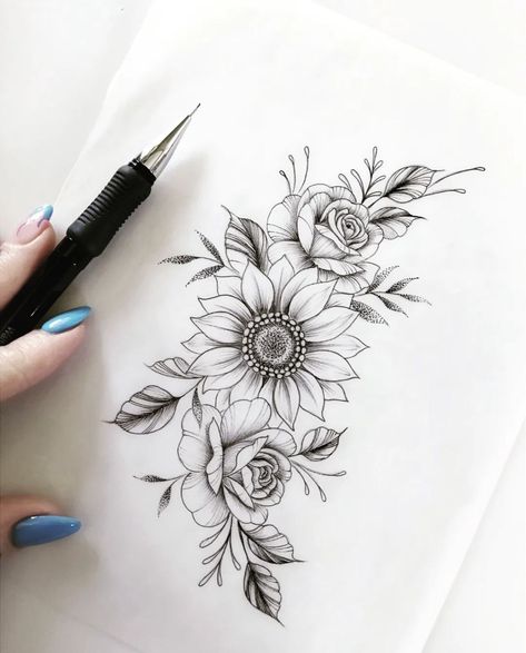 Sunflower And Roses Tattoo, Roses Tattoo Design, Floral Back Tattoos, Rose Tattoo On Arm, Chest Tattoo Ideas, Sunflower Tattoo Sleeve, Floral Thigh Tattoos, Blue Rose Tattoos, Mom Tattoo Designs