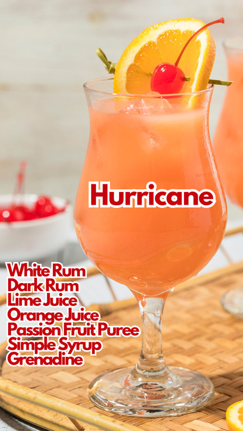 Hurricane Cocktail Dark Rum Cocktails, Orange Juice Cocktails, February Quotes, Bartender Drinks, Cocktail Drinks Alcoholic, Beach Cocktails, Cocktail Syrups, Classic Cocktail Recipes, Mixed Drinks Alcohol