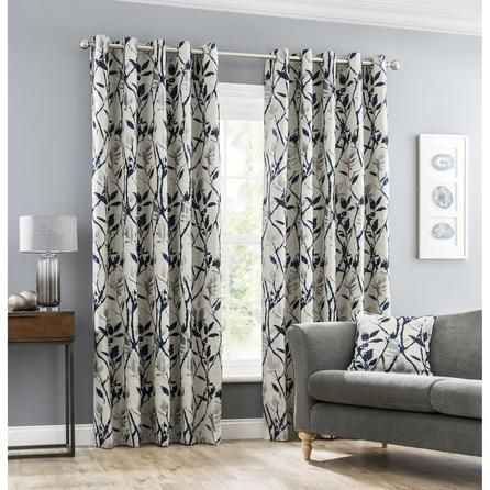 Fully lined for added fullness, our stunning Zen curtains feature a luxury Japanese inspired trailing leaf design, made with quality jacquard fabric for a stylish finishing touch to any home. Finished in a blue colourway, these curtains come complete with a modern eyelet heading with coordinating cushion covers available to purchase separately. Blue Cream Living Room, White Bedroom Curtains, Royal Blue Curtains, Grey And White Bedroom, Blue Floral Curtains, White Curtains Bedroom, Cream Living Room, Curtains Dunelm, Curtains Blue