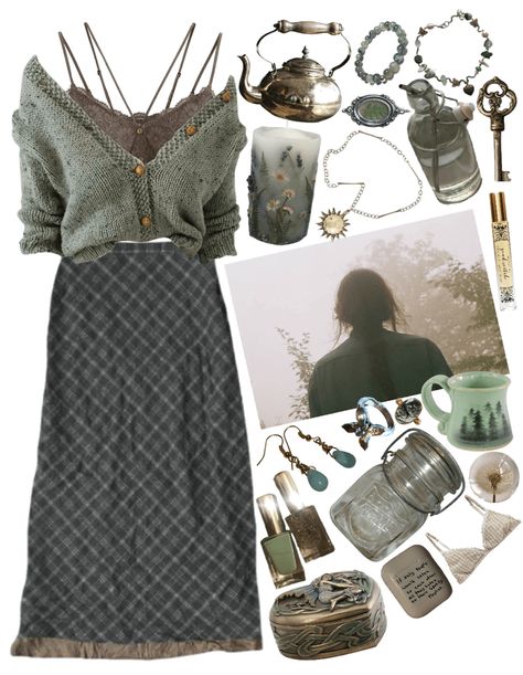 Cozy Vibes outfit ideas | #cozy #comfy #green #forest #cardigan #folklore #grunge #fairycore #darkcottagecore #goblincore #woods #witch #y2k #2000s #thrifting #vintage #earth #brown #nature #herbal #earrings Witch In The Woods Outfit, Cozy Witchy Outfit, Cozy Witch Aesthetic Outfits, Comfy Witch Outfits, Goblincore Feminine, Forest Witch Aesthetic Outfit, Hedge Witch Outfit, Witch Summer Outfit, Nature Witch Aesthetic Outfit