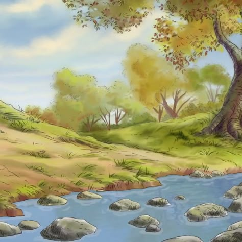 Disney Scenery Backgrounds, Winnie The Pooh Forest, River Drawing, Iphone Background Inspiration, American Countryside, Cottage Illustration, 100 Acre Wood, Hundred Acre Woods, Winnie The Pooh Pictures