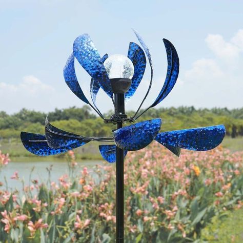 Windmills Garden, Solar Wind Spinners, Kinetic Wind Spinners, Mazarine Blue, Garden Wind Spinners, Garden Spinners, Metal Wind Spinners, Garden Stand, Bee On Flower