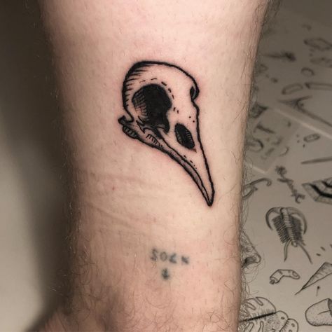 I started my apprenticeship this month heres my first tattoo on myself along with an amateur one I did 5 years ago. Keep updated on my Instagram! @Kris.Maidment Crow Skull Tattoo, Raven Skull Tattoo, Bird Skull Tattoo, Goth Tattoo, Crow Skull, Raven Skull, R Tattoo, Bird Skull, Professional Tattoo