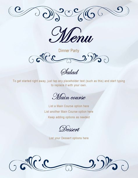 Create an elegant menu for your next dinner party. This template makes it easy. Just select any text and start typing. We think it makes a statement but you can easily make changes to suit your needs and tastes. Menu Template Free Printable, Party Menu Template, Free Printable Menu Template, Tire Ottoman, Dinner Menu Template, Free Printable Menu, Free Menu Templates, Microsoft Word Free, Printable Menu Template