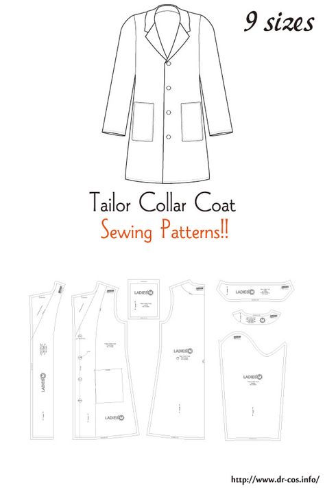 This is the pattern of a Tailor Collar Coat. inch size(letter size) Children's-4,8,10/Ladies'-S,M,L,LL/Men's-L,LL cm size(A4 size) Children's-100,120,140/Ladies'-S,M,L,LL/Men's-L,LL Womens Coat Outfit, Coat Dress Pattern, Raincoat Pattern Sewing, Clothing Patterns Men, Doll Coat Pattern Free, Sewing Coat Pattern, Trenchcoat Pattern, Easy Coat Pattern, Coat Collar Pattern