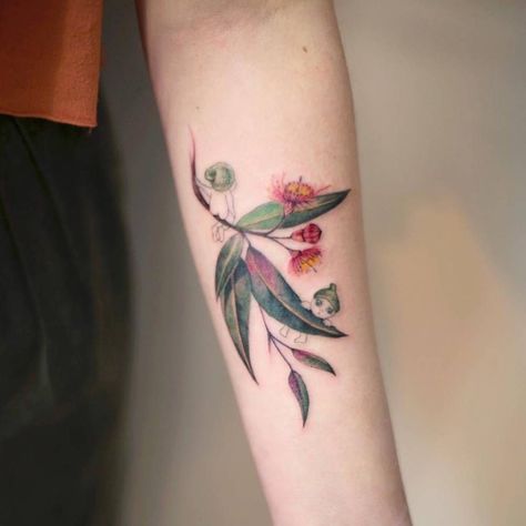 Gumtree Tattoos, Australian Native Flowers Tattoo, Australian Flowers Tattoo, Australian Flower Tattoo, Australian Native Tattoo, Native Australian Flowers Tattoo, Native Australian Flowers, Gumnut Babies, Australian Tattoo