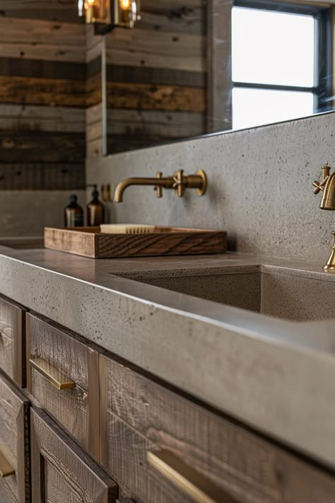 Integral Sink Bathroom, Western Bathroom Vanity Ideas, Modern Rustic Bathroom Ideas Master Bath Interior Design, Farmhouse Modern Master Bath, Mcgee And Co Master Bath, Copper In Bathroom, Modern Cabin Interior Bathroom, Modern Mountain Home Bathroom, Lodge Style Bathroom