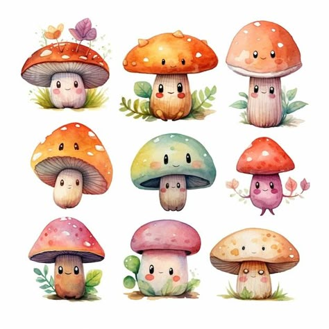 Flower Character Illustration, Cute Mushrooms Drawing, Jamur Art, Mushroom Illustration Cute, Mushrooms With Faces, Toadstool Drawing, Bujo Autumn, Mushroom Creature, Mushroom Things