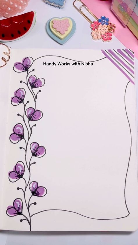 Handy Works With Nisha | Easy and Simple Border Design 🌸 #notebook #notebookdesign #frontpagedecoration #notebookdecoration #pagedecoration #pageborder... | Instagram Cute Design For Notebook, Cute Drawings For Notebooks, Board Design For Project, Arts Notebook Cover Ideas, Simple Design For Notebook, Border Design For Scrapbook, Border Design In Notebook, Mapeh Border Design, Simple Boarder Designs For Project