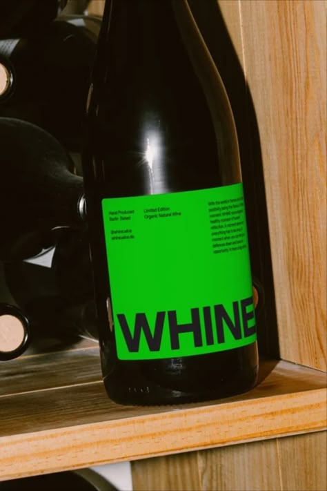 WHINE, a Berlin-based natural wine brand, offers a refreshing moment of honest reflection amidst a world of toxic positivity. Designed by Carla Palette, the packaging embraces the singular use of bright primary green. The brand wonderfully challenges the saturated organic natural wine market through its bold color and typography. Wine Bottle Branding, Natural Wine Label, Carla Palette, Wine Etiquette Design, Wine Branding Design, Label Graphic Design, Creative Wine Label, Wine Etiquette, Bottle Branding