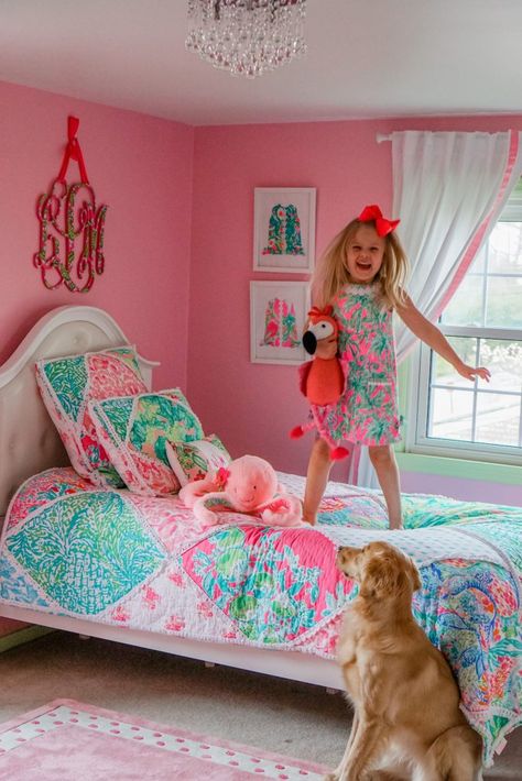 Your Questions Answered: Lilly's Bedroom - Style Her StrongStyle Her Strong Preppy Toddler Bedroom, Lilly Pulitzer Room Decor, Lilly Pulitzer Bedroom, Lilly Pulitzer Room, Lilly Pulitzer Party, Lilly Pulitzer Bedding, Lilly Pulitzer Fabric, Preppy Kids, Toddler Girl Room