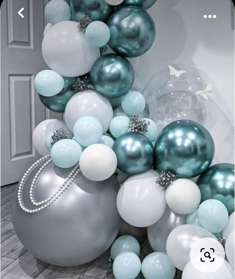 Teal White And Silver Balloon Garland, Teal And White Balloon Arch, Teal 40th Birthday Party, Teal And White Party Decorations, Sweet 16 Teal And Silver, Aqua Party Theme, Turquoise Balloons Decorations, Turquoise Balloon Arch, Tiffany Blue Photoshoot