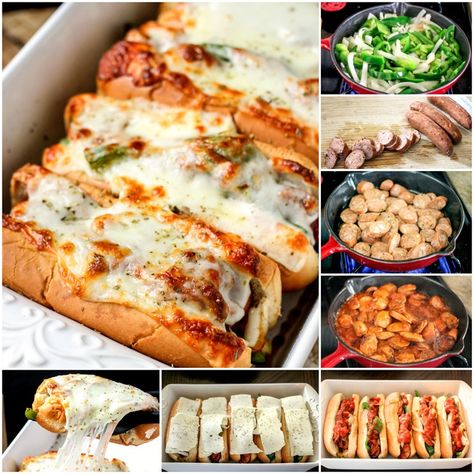 Sausage, Pepper & Onion Pizza Hoagies - an easy and delicious 30 minute meal! Sausage Hoagies Sandwiches, Manly Lunches, Pizza Hoagies, Hoagie Pizza, Sausage And Peppers Sandwich, Stromboli Pizza, Hoagie Sandwiches, Onion Pizza, Best Sandwich Recipes