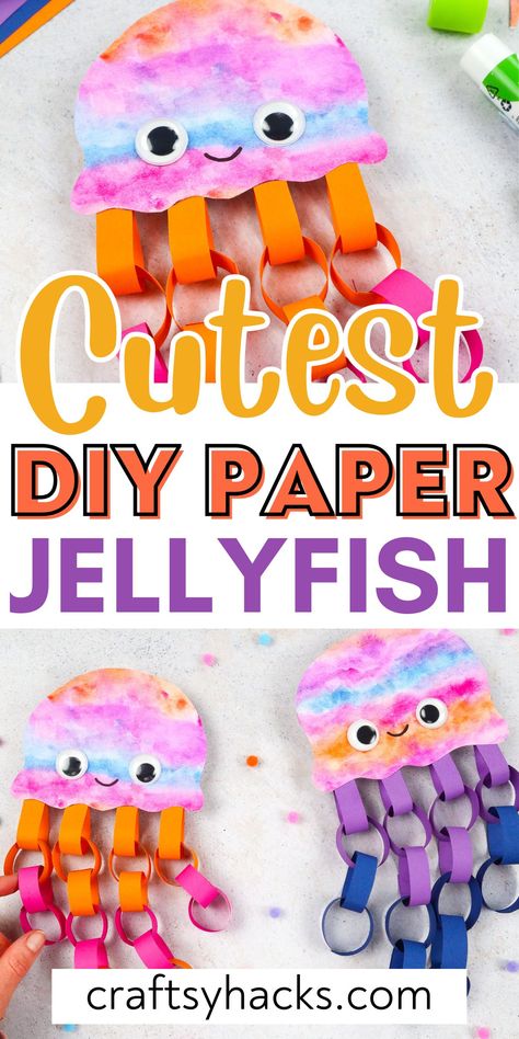 Create a magical ocean craft with this DIY paper jellyfish craft! Perfect for fun crafts for kids, this simple project uses basic paper crafts to bring colorful jellyfish to life. Dive into craft making that kids. Enjoy these paper crafts for kids. Pre K Fish Craft, Arts And Crafts For Ages 4-5, Arts And Crafts Activities For Kids, Fun School Crafts, Spiral Paper Art, Preschool Mermaid Craft, Easy Paper Crafts For Adults, Florida Crafts For Kids, Jellyfish Crafts For Preschoolers