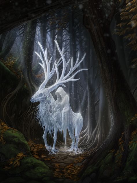 Cai Arabi, Creature Fantasy, White Deer, 다크 판타지, Fantasy Creatures Art, Creatures Art, Mythical Creatures Art, Wow Art, Mythological Creatures