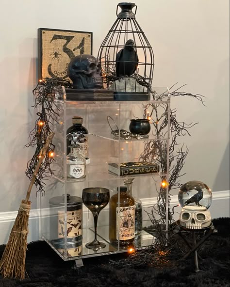 Witch Table Decorations Halloween Party, Gothic Apothecary Decor, Spooky Apothecary Decor, Witch Theme Office Decorations, Traditional Halloween Decorations, Apothecary Decor Halloween, Witch Apothecary Halloween Decor, Witch Display Halloween, Spooky Witch Decor