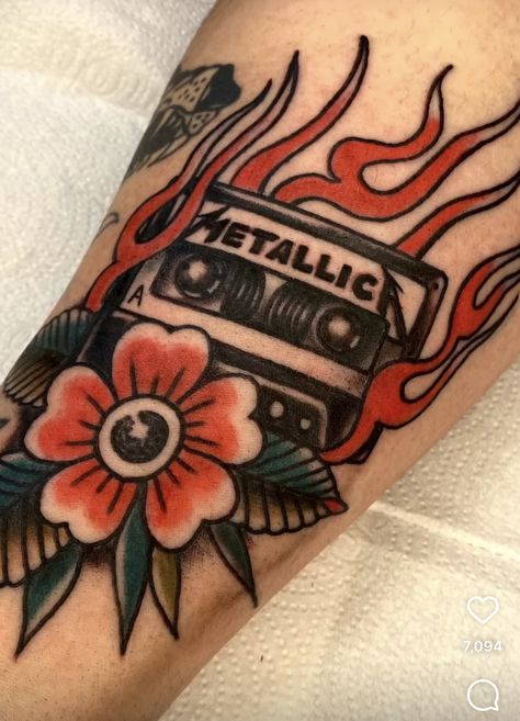 American Traditional Sunset Tattoo, Traditional Racing Tattoo, Vinyl Traditional Tattoo, Pop Punk Traditional Tattoo, Music American Traditional Tattoo, Old School Guitar Tattoo, American Traditional Guitar Tattoo, Music Traditional Tattoo, Old School Car Tattoo