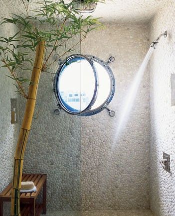 shower lite Houseboat Remodel, Window In Shower, Porthole Window, Outdoor Showers, Coastal Modern, Bathroom Windows, Beach Modern, Trendy Bathroom, Beach Bathrooms