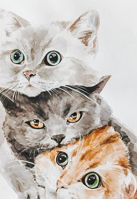 Watercolor Animals Simple, Cat Watercolor Paintings, Akvarel Illustration, Watercolour Cat, Cat Watercolour, British Cats, Three Kittens, Aesthetic Watercolor, Watercolor Cats