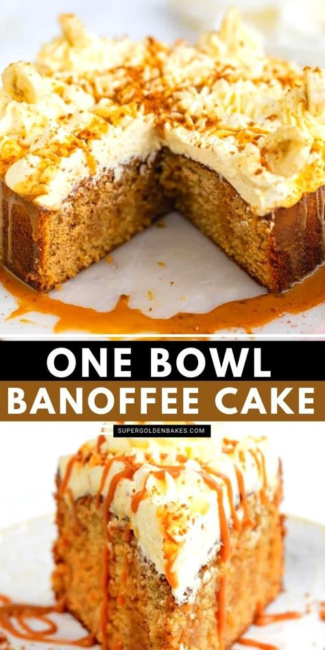 Cafe Cake Recipes, Cakes With Bananas, Banana Cakes Easy, Banana Sponge Cake Recipes, Banoffee Cake Recipe, Sponge Cake Ideas, Tray Cakes Ideas, Banoffee Cake Decoration, Banoffee Loaf Cake