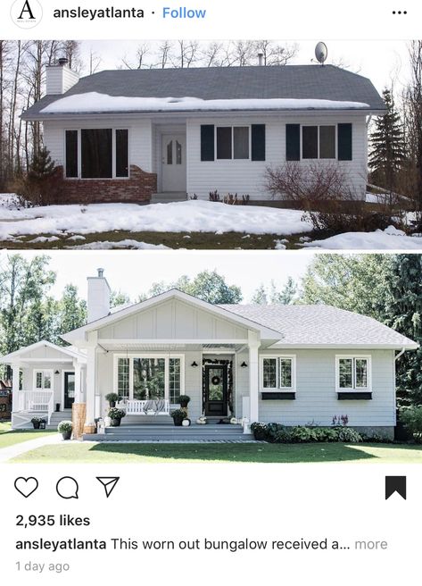 Rambler Before And After, Updated Backyard Ideas, Front Of House Makeover Ranch, Old House Renovation Outside, Track Home Remodel Exterior, Rancher House Renovation, Boxy House Exterior Makeover, Small Ranch Exterior Makeover, Rancher House Exterior