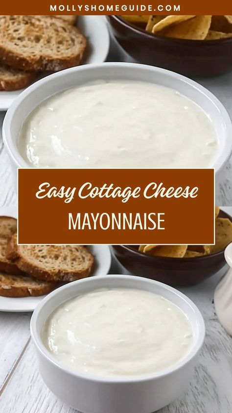 Discover creative and delicious recipes using cottage cheese and mayonnaise. From creamy dips to flavorful dressings, these versatile ingredients can take your meals to the next level. Whether you're a fan of classic dishes or looking to try something new, cottage cheese and mayonnaise are sure to add a tasty twist to your favorite recipes. Explore the possibilities and elevate your cooking game with these simple yet flavorful ingredients!  Ingredients 7 ounces plain cottage cheese (unsalted) 4 Cottage Cheese Mayonnaise, Cottage Cheese Mayo, Cottage Cheese Salad Dressing Recipes, Cottage Cheese Low Calorie Recipes, Cottage Cheese Vegetarian Recipes, Dry Curd Cottage Cheese Recipes, Cooked Mayonnaise Recipe, Cooking With Cottage Cheese, Cottage Cheese Dressing