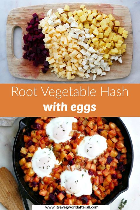 This healthy and easy breakfast recipe features sauteed root veggies, like beets, rutabaga, celeriac, and potatoes, topped with perfectly cooked eggs. It's seasoned with fresh herbs and parmesan cheese. Root Vegetable Hashbrowns, Vegetables For Breakfast, Veggies For Breakfast, Fall Vegetables Recipes, Healthy And Easy Breakfast, Roast Pumpkin Salad, Veggie Skillet, Monthly Menu, Pumpkin Salad