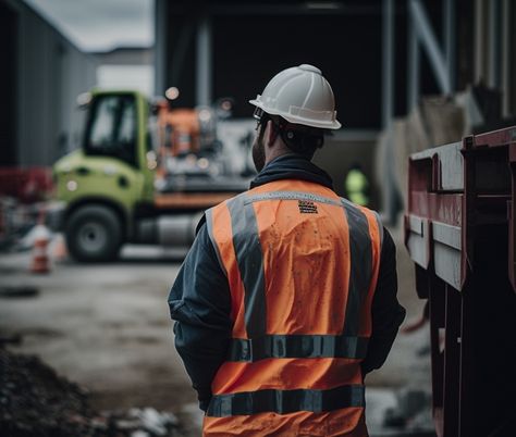 A man in a safety helmet and a hi-vis jacket stands in front of a truck and a construction site Construction Vest, Construction Photography, Colorful Vest, Reflective Vest, Construction Workers, Tier 1, Safety Vest, Indianapolis 500, Reflective Material