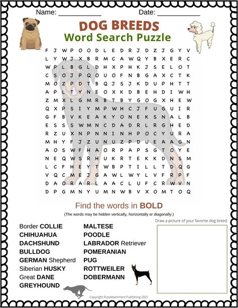 Free printable Dog Breeds word search puzzle.  It is a fun screen free activity for kids, but adults will enjoy it too.  Check it out today and have some fun. Dog Activities For Kids, Screen Free Activities For Kids, Camping Logo, Free Word Search Puzzles, Free Printable Word Searches, Free Word Search, Dog Words, Printable Dog, Kids Camp