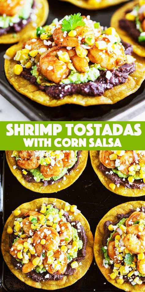 Shrimp Avocado Tostadas, Tostada Recipes Shrimp, Shrimp Tostadas With Pineapple Salsa, Fish Tostada Recipes, Salmon Tostadas Recipe, Recipes With Tostada Shells, Street Corn Tostadas, Mini Shrimp Tostadas, Sides For Tostadas