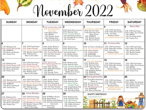 We have a full month of activities for our residents! 🗓️ Check out our November calendar for the 1st and 2nd floors 🥰 #everydaysanencore #encoreatavalonpark #assistedliving #orlandoassistedliving #memorycare #orlandomemorycare #activitiy #avalonpark #community #successfulaging Thanksgiving Activities For Senior Citizens, November Activity Calendar For Seniors, November Activity Ideas For Seniors, Activities Calendar For Seniors, Nursing Home Activities Calendar, November Nursing Home Activities, November Activities For Seniors, Long Term Care Activities, Assisted Living Week Ideas