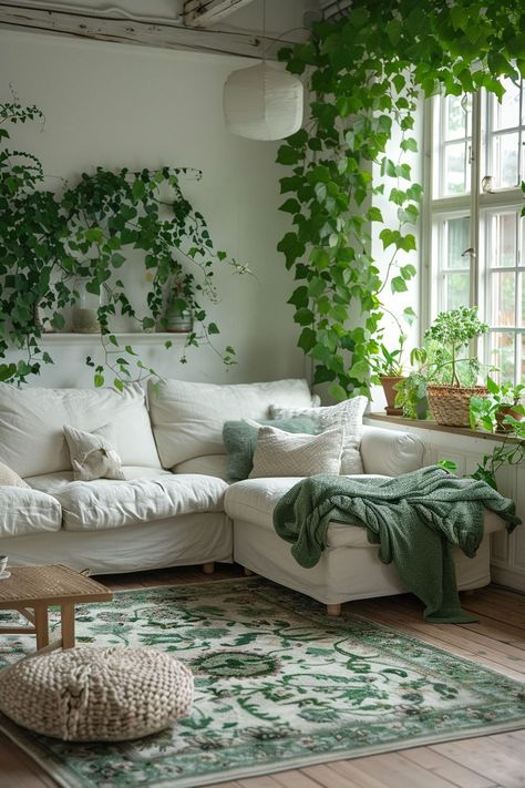 Luxury Living Room Inspo: High-End Design on a Budget Homey Living Room With Plants, White Living Room Green Accents, White Room Green Accents, White And Green Living Room Decor, Green And White Apartment, Light Green Walls Living Room, White And Green Room, Pastel Green Living Room, Green Living Room Aesthetic