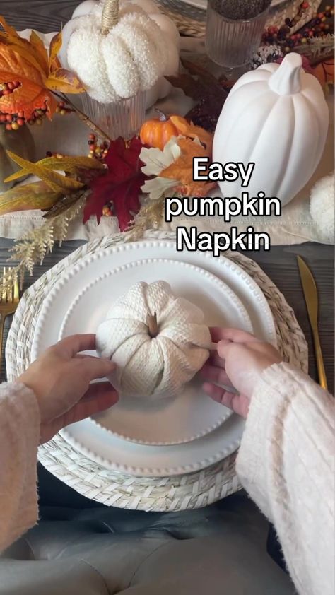 Hi cutie 🎃 Super simple and easy pumpkin napkin for your autumn table... | thanksgiving table decor | TikTok Napkin Rings Fall, Napkins For Thanksgiving Table, Unique Ways To Fold Napkins, Table Cloth Folding Ideas, Pumpkin Folding Napkins, Halloween Napkins Folding, Dinner Napkin Folding With Ring, Thanksgiving Cloth Napkins, Folding Cloth Napkins For Thanksgiving