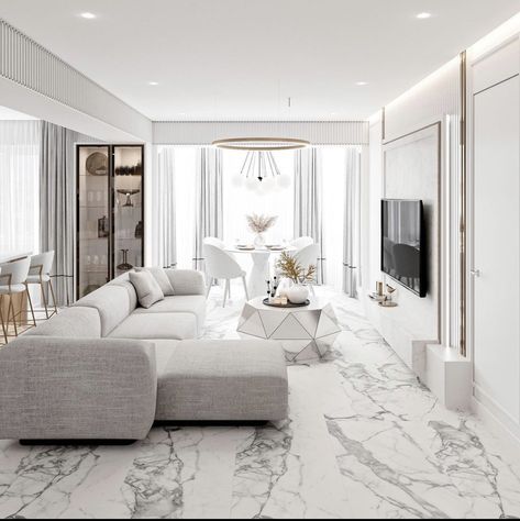 White Marble Tiles Living Room, White Marble Living Room, White Floors Living Room, Bedroom Floor Tiles, Marble Living Room, Modern White Living Room, White Marble Floor, Living Room Tiles, Small Living Room Design